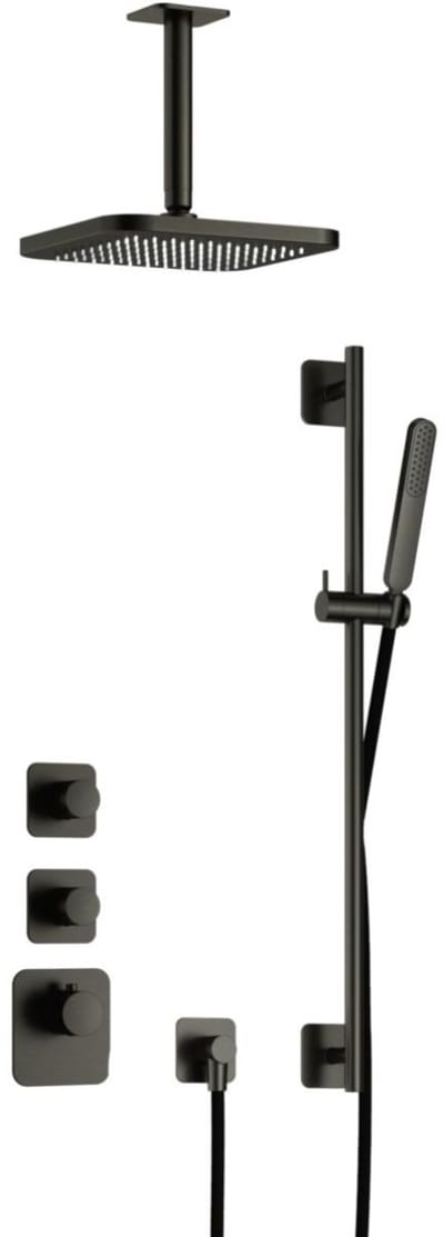 Hotbath Gal - Inbouw Regendoucheset - Geborsteld Gunmetal PVD - 2 Stopkranen - Thermostatisch - Plafondbuis 15 cm - Hoofddouche 220 mm - Staafhanddouche - Glijstang 900 mm - V01