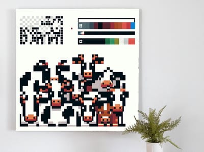 Pixel art koeien schilderij | 'Aanstekelijke kudde: levendige pixelkunst met boerenslimme twist' | Kunst - 75x75 centimeter op Forex | Foto op Forex