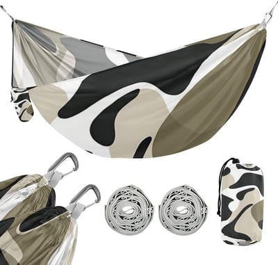 Hangmat met Riemen - Draagbare Hangmat - Buiten Ontspannen - Hoge Belastbaarheid - 290 x 138 cm - Zwart-wit Militair Bruin