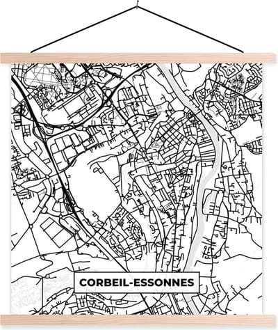 Posterhanger incl. Poster 40x40 cm - Schoolplaat - Stadskaart - Corbeil-Essonnes - Plattegrond - Kaart - Frankrijk - Zwart wit - Textielposter - Blanke latten - Stadskaart