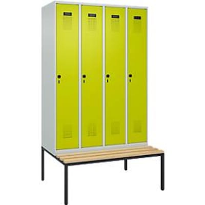 C+P Evolo Plus garderobekast, 4 vakken, 300 mm vakbreedte, met bank eronder, B 1200 x D 815 x H 2120 mm, draaischroef, lichtgrijs/kleedgroen