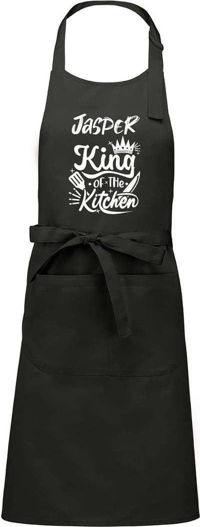 Keukenschort - Kookschort - Grijs - (naam) King of the Kitchen - met voornaam naar keuze - 76 x 90 cm - Verjaardags cadeau - BBQ