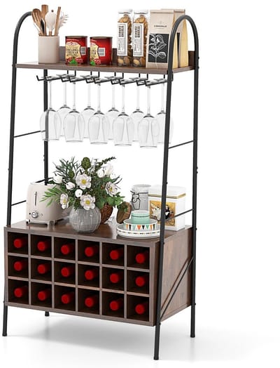 Barkast - Wijnrek - Keukentrolley - Wijnkast - Drankkast - 32 x 63 x 114,5 cm - Wijnfleshouder - Wijnglazenhouder - Rustiek bruin