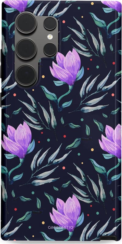 Casetastic hoesje geschikt voor Samsung Galaxy S24 Ultra - Dubbellaagse bescherming - Mystieke bloemenzee - Fashion Case - Donkerblauw Donkergrijs Grijs Lavendel