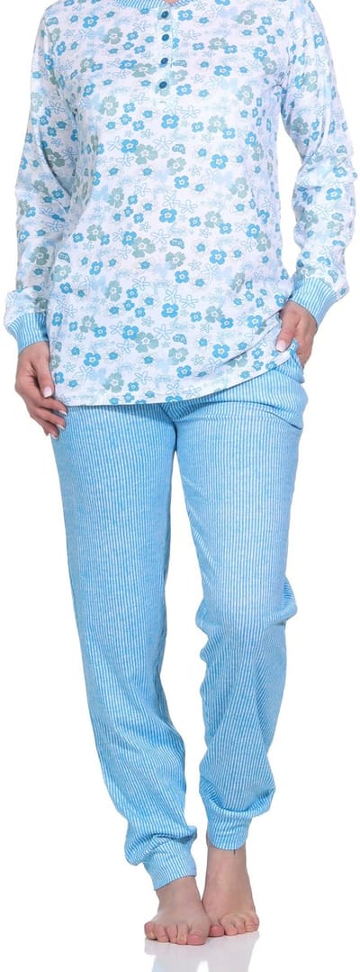 Damespyjama met lange mouwen en manchetten, pyjamabroek in fijne streepjeslook