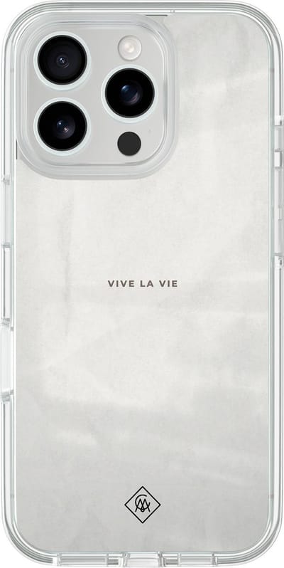 Casimoda® hoesje - Geschikt voor iPhone 16 Pro - Vive La Vie - 2-in-1 case - Schokbestendig - Tekst - Verhoogde randen - Grijs, Transparant