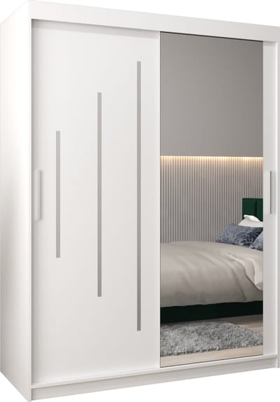 InspireMe - Kledingkast met 2 schuifdeuren, Modern-stijl, Een kledingkast met planken en een spiegel (BxHxD): 150x200x62 - MALTESE II 150 Wit Mat