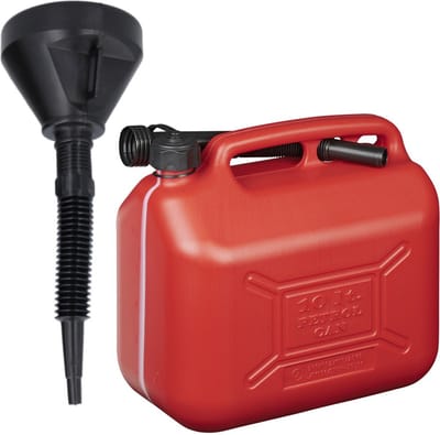 Jerrycan rood voor olie en brandstof van 10 liter met een handige grote trechter van 39 cm