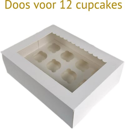 Bakdozen.nl Cupcake Doos voor 12 Cupcakes - Wit - Met Tray, Venster en Sierluifel - 10 Stuks - 34 x 26 x 10 cm