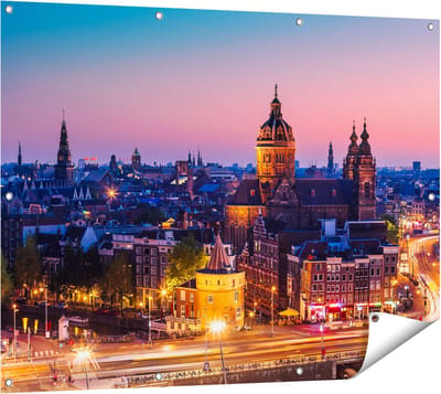 Gards Tuinposter Amsterdam Skyline bij Zonsondergang - 120x90 cm - Tuindoek - Tuindecoratie - Wanddecoratie buiten - Tuinschilderij