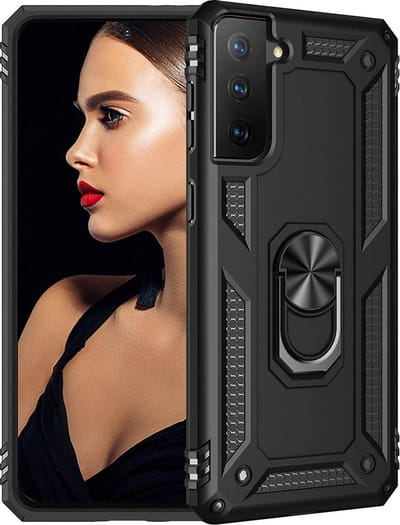 HB Hoesje Geschikt voor Samsung Galaxy S21 Zwart - Anti-Shock Hybrid Armor Back Cover - Hoes met Kickstand Ring