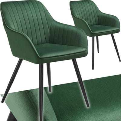 tectake® Eetkamerstoel - Gevoerde fluwelen zitting met gestikt patroon - Zwart metalen poten - Woonkamer, eetkamer, slaapkamer en kantoor - Draagkracht 120 kg - Set van 2 - Donkergroen/zwart