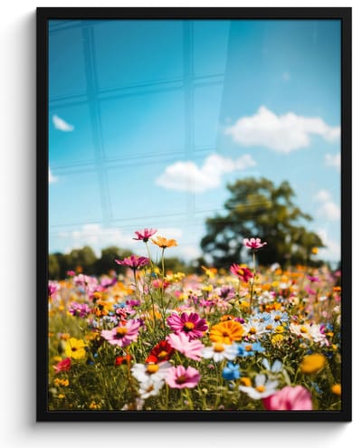 Poster in lijst - Fotolijst 50x70 cm - Posters - Bloemenweide - Blauw - Lucht - Kleuren - Posterlijst zwart - Decoratie - Wanddecoratie woonkamer - Muurdecoratie slaapkamer