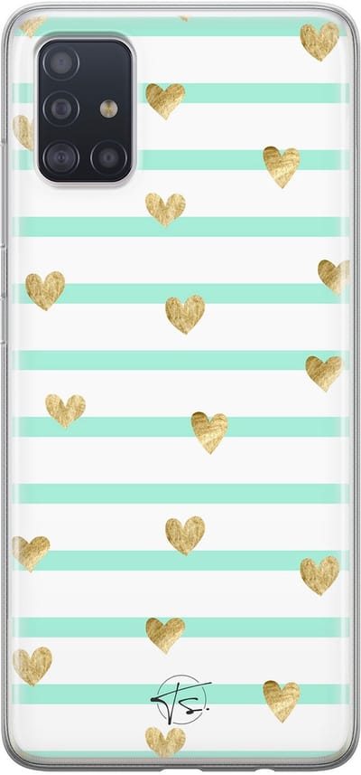 Hoesje geschikt voor Samsung Galaxy A71 - Mint hartjes - Soft Case - TPU - Print - Blauw - Mooie Telefoonhoesjes