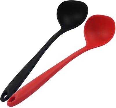 Siliconen Soeplepel Set 2 stuks – Zwart/Rood, 29,8 cm, Hittebestendig tot 230°C, Vaatwasserbestendig
