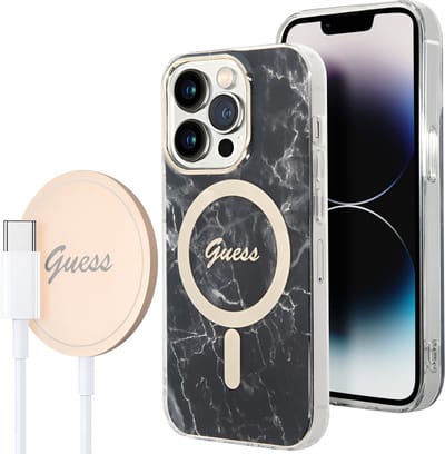 GUESS, Bundel Hoesje Geschikt voor Apple iPhone 14 Pro Marble Pattern en Qi Magsafe 15W draadloze oplader, Zwart