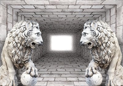 Fotobehangkoning - Behang - Vliesbehang - Fotobehang Stenen Leeuwen - Stone Lions - 400 x 280 cm