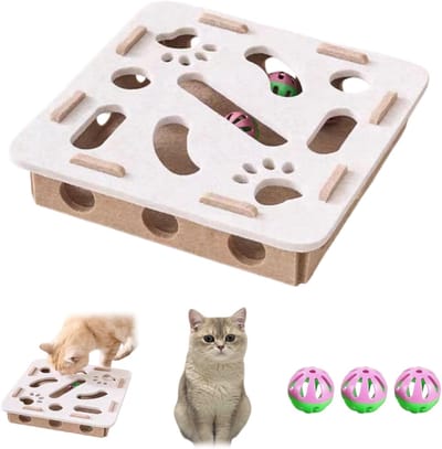 Oneay Interactief kattenpuzzelspeelgoed – Vilten doolhof met 3 rammelballetjes – Mentale stimulatie en slow feeding – Beige
