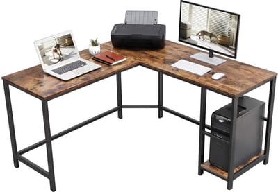 VASAGLE bureau, L-vormig computerbureau, hoekbureau met 2 planken, ruimtebesparend bureau in industrieel ontwerp, gaming, eenvoudige montage, vintage bruin-zwart