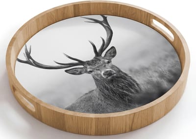 Dienblad rond 40x40 cm - Schootdienblad hout - Hert - Mistig - Zwart - Wit - Borrelplank rechthoek - Plateau houten dienbladen