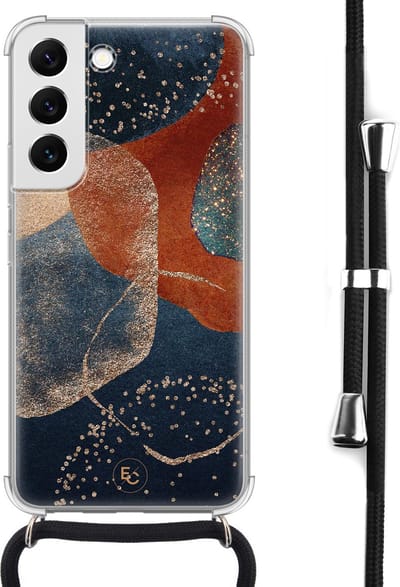 Hoesje met koord geschikt voor Samsung Galaxy S22 - Abstract terracotta - Inclusief koord - Crossbody beschermhoes - Transparant, Blauw - Mooie Telefoonhoesjes