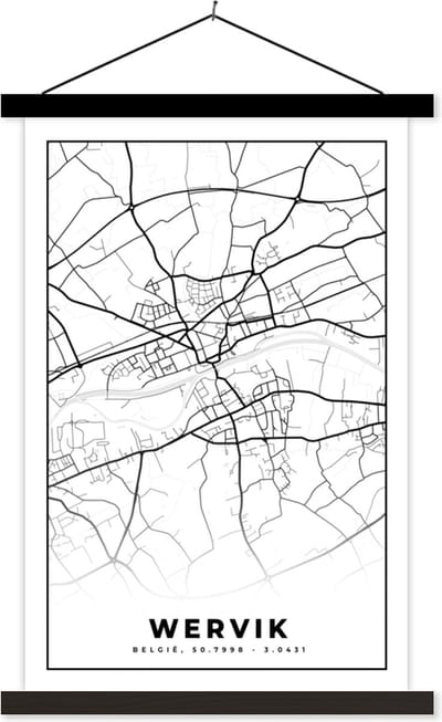 Posterhanger incl. Poster 40x60 cm - Schoolplaat - België – Wervik – Stadskaart – Kaart – Zwart Wit – Plattegrond - Textielposter - Zwarte latten - Stadskaart