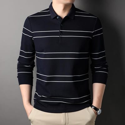Herfst Nieuwe Heren Polo Shirts met Lange Mouwen, Modieuze en Casual Gestreepte Middenleeftijd Heren Onderhemden en T-shirt Trends XXXL black