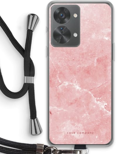 Case Company® - Hoesje met koord geschikt voor OnePlus Nord 2T hoesje met Koord - Roze marmer - Telefoonhoesje met Zwart Koord - Bescherming aan alle Kanten en Over de Schermrand