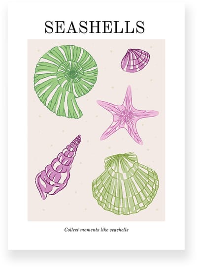 Poster 20x30 cm - Seashells - Strand - Groen - Paars - Minimalistisch - Boho - Muurdecoratie - Wanddecoratie
