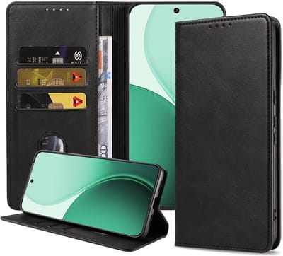 Geschikt voor Oppo Reno 14 Telefoonhoesje Kunstleer met Magnetische sluiting en Pasjeshouder Bookcase met Klepje - Walletcase with Cardslot - Zwart - Smartphonica geschikt voor Oppo Reno 14