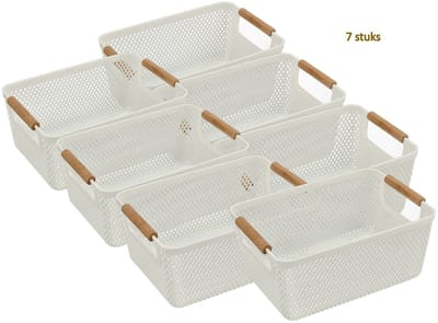 Opbergmand Kunststof Set van 7 – 6 Liter per Mand – Keukenkast en Kledingkast Organizer – Stapelbare Opbergbox – Plastic Opbergmand Vierkant