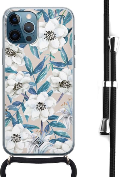 Casimoda® hoesje met koord - Geschikt voor iPhone 12 Pro Max - Bloemen / Floral blauw - Afneembaar koord - Siliconen/TPU - Blauw