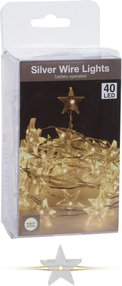 Draadverlichting Sterren 40 lampjes - warm wit - zilverdraad - 195 cm lang