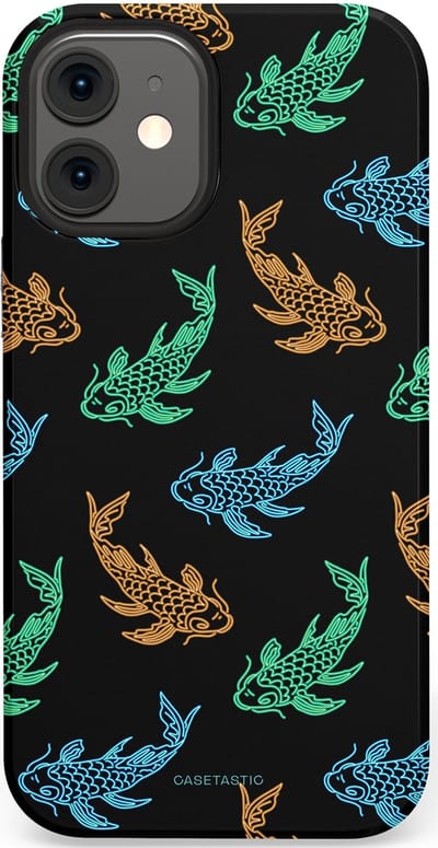 Casetastic hoesje geschikt voor Apple iPhone 12 Mini - Dubbellaagse bescherming - Neon Koi - Fashion Case - Zwart Petrol Donkergroen Bruin