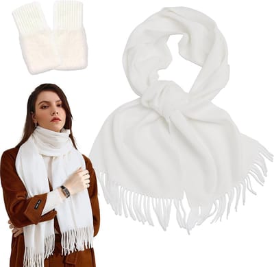 Dames Sjaal met Franje en Vingerloze Handschoenen voor Warme Herfst en Winter, Ideaal voor Avondjurken en Bruiloften, 200 x 70 cm, Wit
