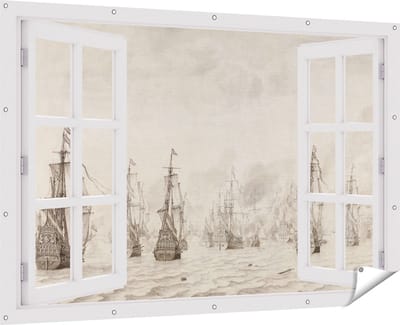 Gards Tuinposter Doorkijk De Zeeslag tegen de Spanjaarden bij Duinkerken - Willem van de Velde - 180x120 cm - Tuindoek - Tuindecoratie - Wanddecoratie buiten - Tuinschilderij