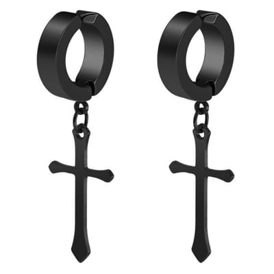 Fako Bijoux® - Fake Oorbellen - Oorringen - RVS - Kruisje - Zwart