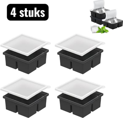 4 stuks - Ijsblokjesvormen - 4-kubus siliconen ijsblokjesvorm - Extra grote ijsblokjesvorm voor levensmiddelen - Luchtdichte ijscontainer met deksel - Zwart