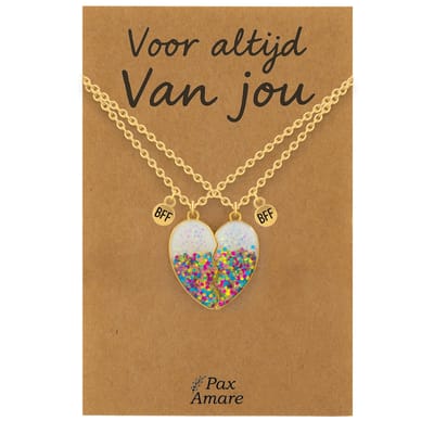 Koppel Ketting voor 2 'Voor altijd van jou' - Magnetisch Glitter Hartje - Vriendschapsketting op Cadeau Kaartje - 45cm + 5cm verstelbaar - Goudkleurig - Persoonlijke Hanger - Pax Amare
