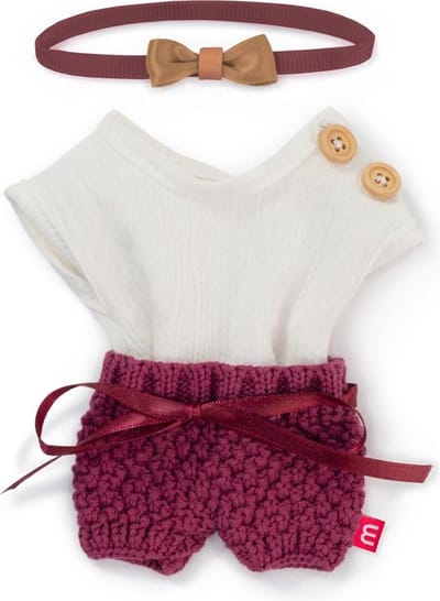 ML Poppen: KLEDIJ SET bordeau/wit voor meisje 21cm, 3-delig, trui, broekje en  haarlint, met kleerhanger, 3+