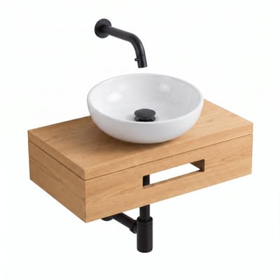 Saniclass Terra Fonteinplank - 40x25x10cm - met handdoekhouder - waskom (glans) - fonteinkraan (mat zwart) - afvoerplug - sifon - sandwood (licht eiken)