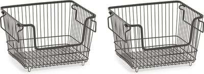 Zeller opberg draadmandje - 2x - zwart - stapelbaar - 33 x 27 x 21 cm - metaal - kastmanden