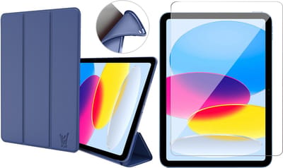 Hoes met Screenprotector geschikt voor iPad 2022 10.9 inch 10e Generatie / iPad 2025 11 inch (A16) 11e Generatie - Trifold Smart Cover Book Case Kunstleer Tablet Hoesje Blauw + Gehard Glas Screen Protector