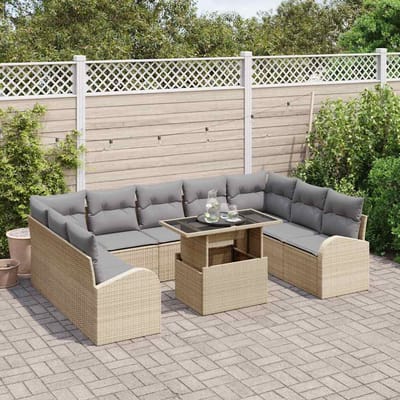 vidaXL Tuinbank Set met kussen met opslag 10 pcs Beige Poly rattan