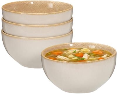 Excellent Houseware Soepkom Kenji - set van 4x - beige - 14 x 7 cm - keramiek - schaaltjes - 580 ml
