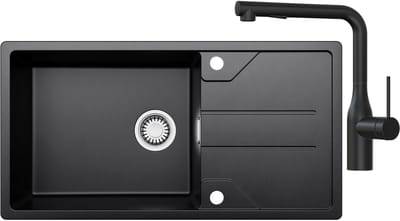 CECIPA max Spoelbak Keuken - Graniet Spoelbak 86x45CM Zwart - Spoelbakken Keuken Met Keukenkraan met Uittrekbare Uitloop - Spoelbakken Met Afdruip - Opbouw Spoelbak