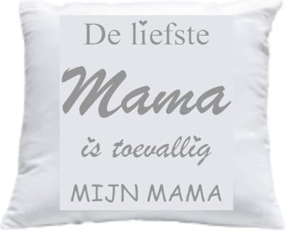Kussen met vulling Kussenhoes met tekst "De liefste Mama is toevallig mijn mama" bedrukt Cadeau Kado | Wit Effen met Opdruk Grijs | 40x40 cm | Moederdag |