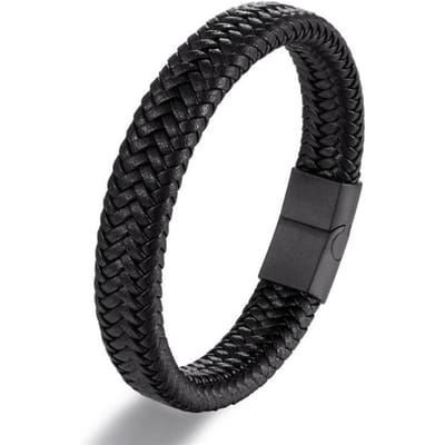 Punk Heren Leren Armband Zwart Roestvrij Staal Magnetische Sluiting Gevlochten Geweven Bangle Pulseras Lovers 'Gift 22cm zwart
