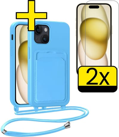 Hoesje Geschikt voor iPhone 15 Plus Telefoonhoesje Met Koord Case Pashouder Met 2x Screenprotector Siliconen - Hoes Geschikt voor iPhone 15 Plus Hoesje Met Kaarthouder - Lichtblauw
