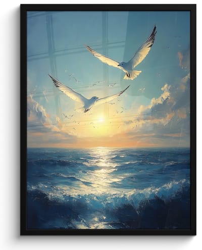 Poster in lijst - Fotolijst 50x70 cm - Posters - Meeuwen - Zee - Wolken -Blauw - Posterlijst zwart - Decoratie - Wanddecoratie woonkamer - Muurdecoratie slaapkamer